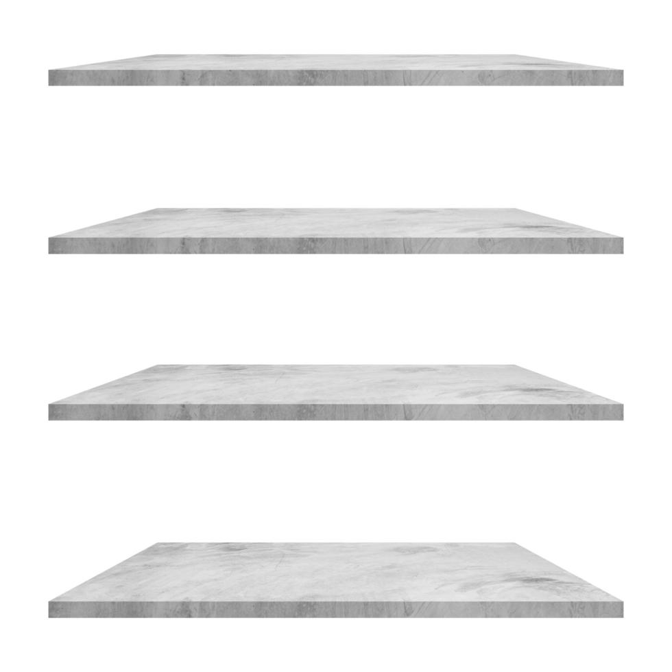 4 concrete shelves table isolated on white background and display montage for product. photo