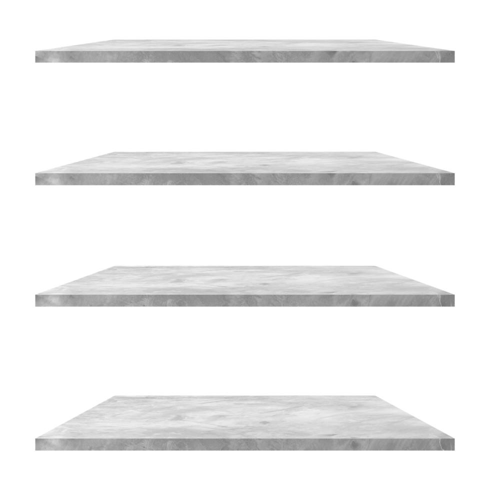 4 concrete shelves table isolated on white background and display montage for product. photo