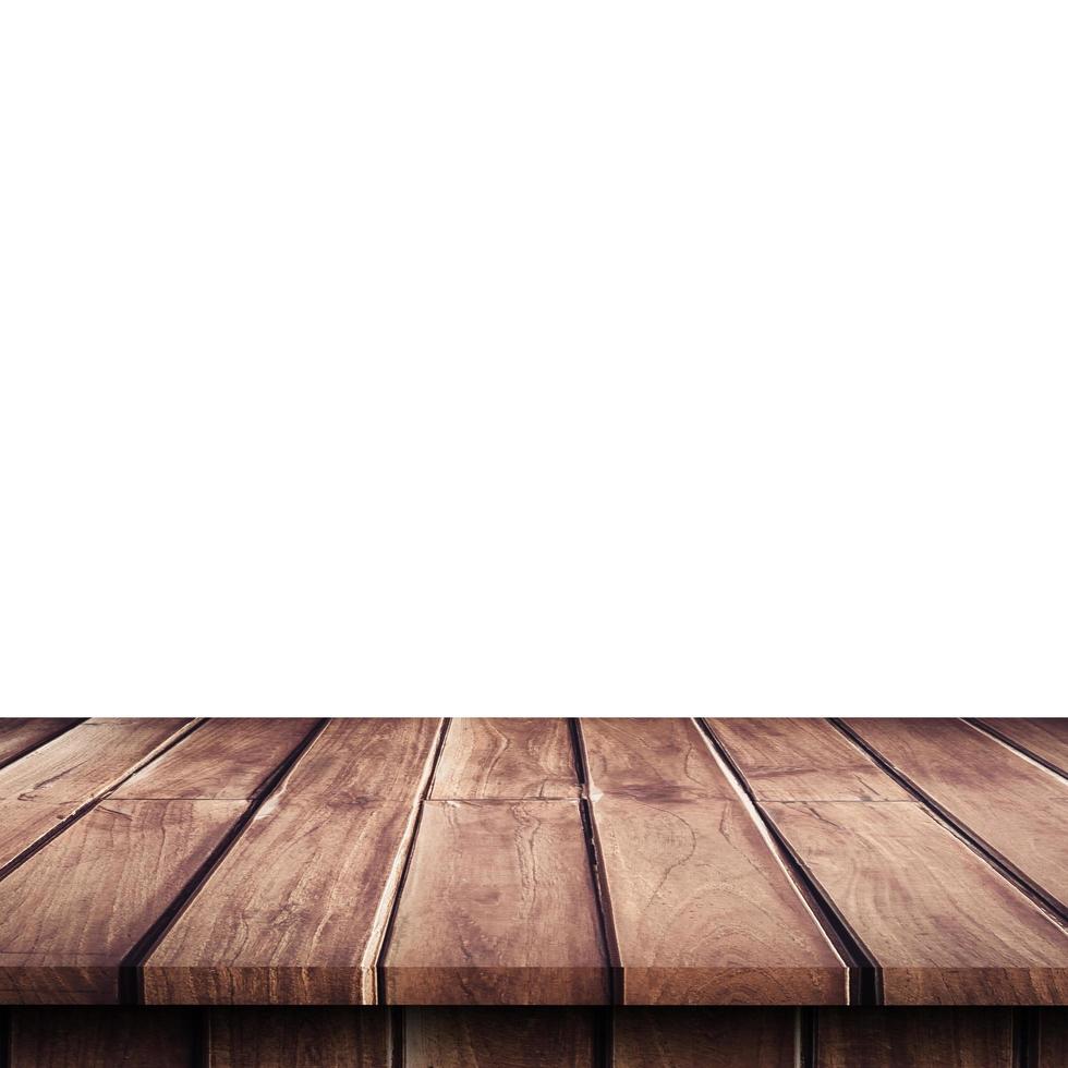 Empty wooden table top on isolated white, Template mock up for display of product. photo