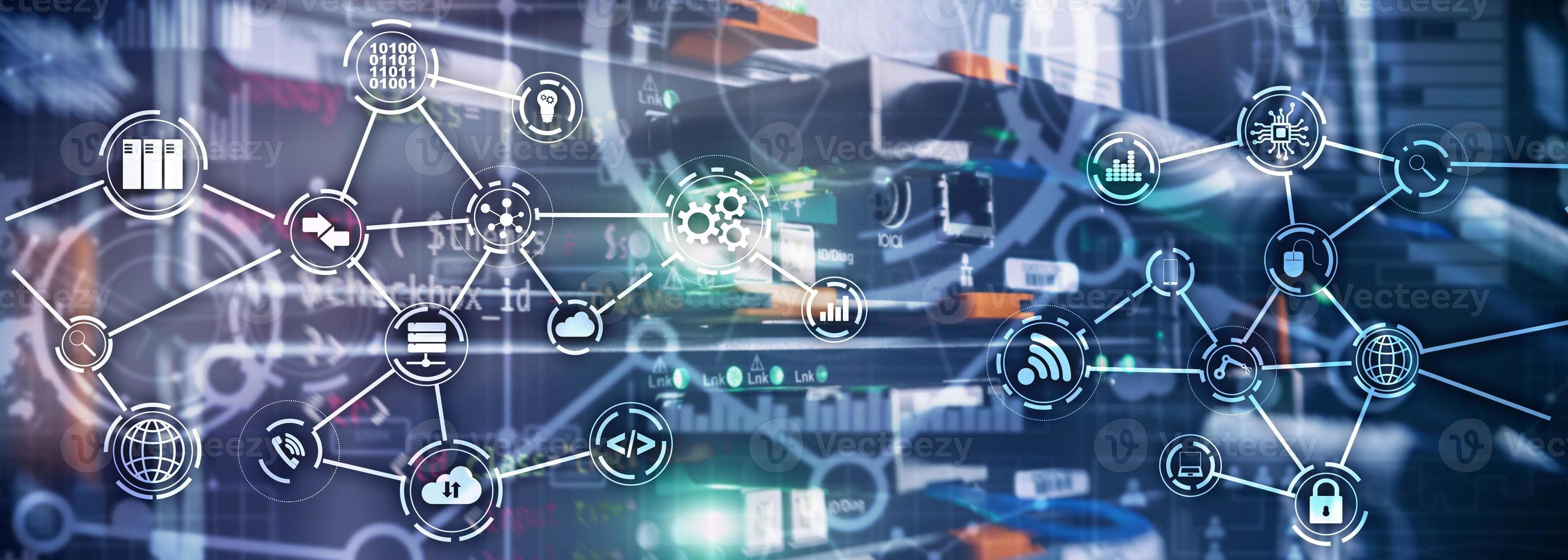 Universal Electronics Technology Background. Internet Concept of global business. Server rack blurred background photo