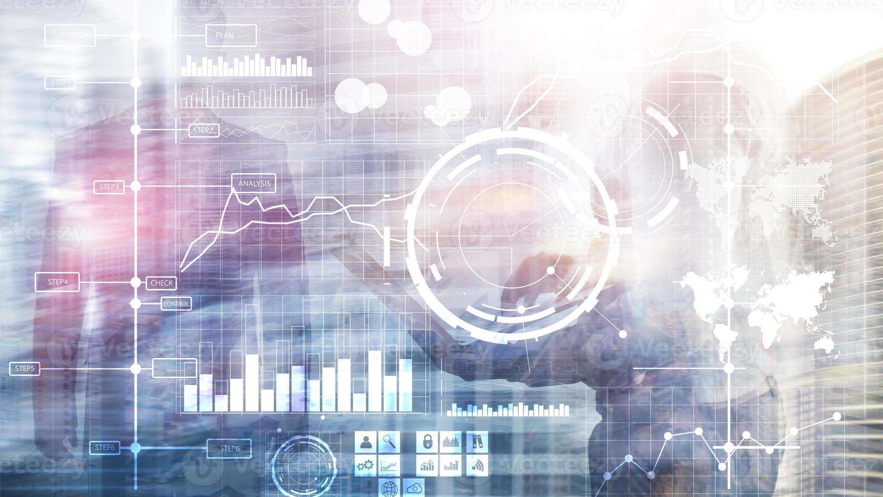 Business intelligence BI Key performance indicator KPI Analysis dashboard transparent blurred background. photo