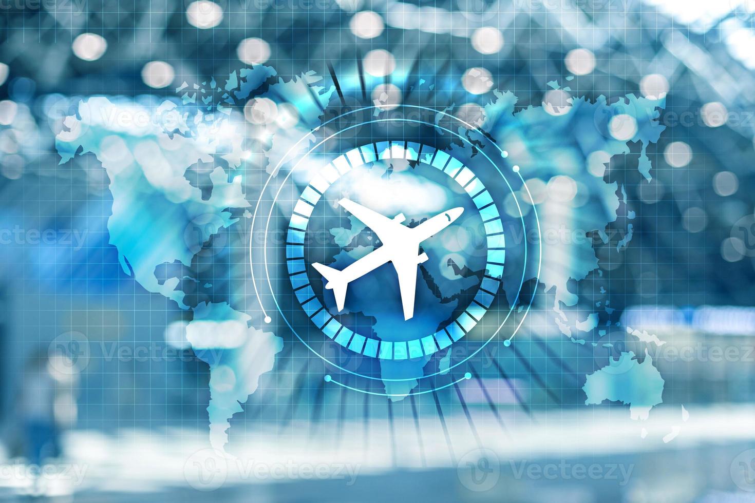 Airplane transportation route network concept. Business Travel Background Airplane icon on virtual screen. photo