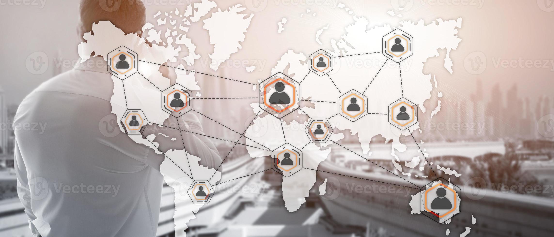 Social network with connected people 3D icons on map. Background for presentations. photo