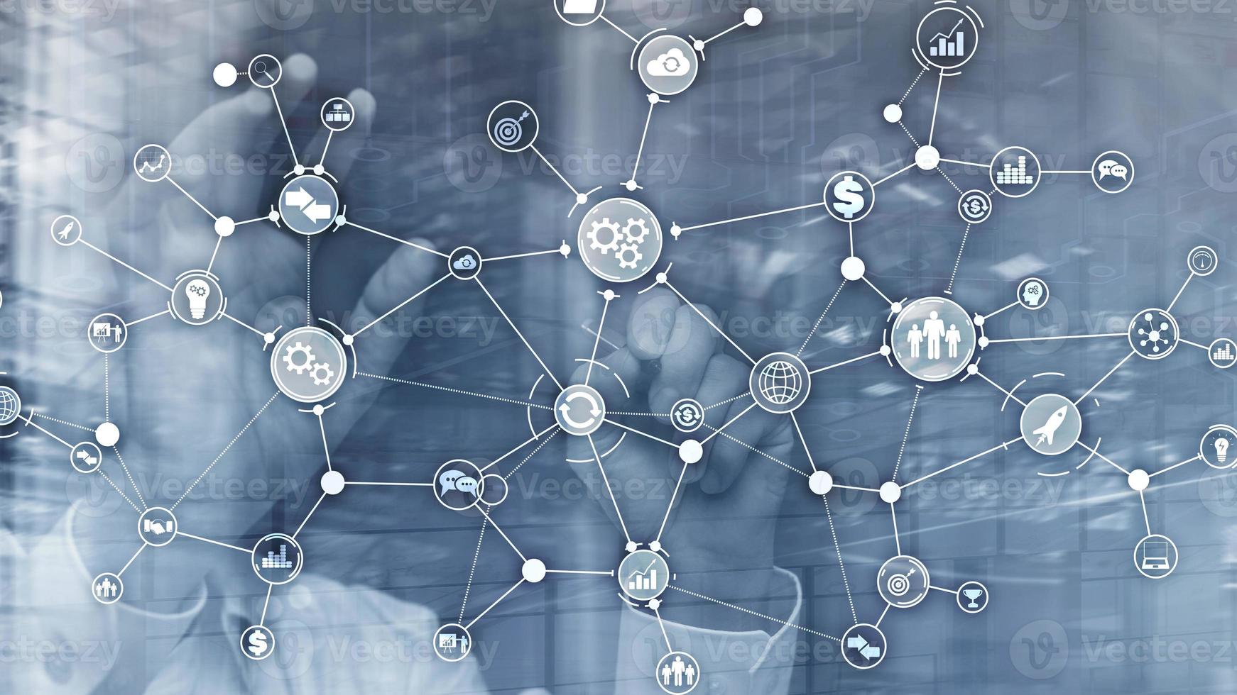 Business process structure industrial workflow diagram automation innovation concept on virtual screen mixed media. photo