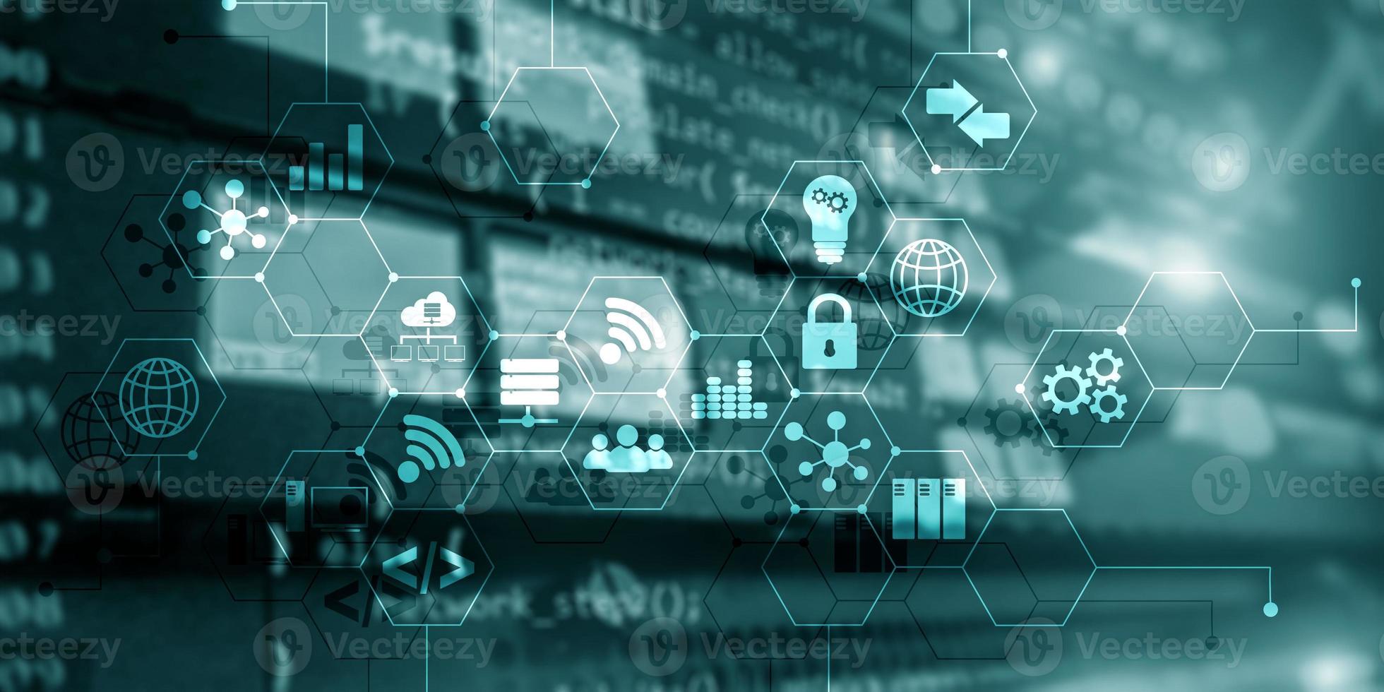 Digital concept internet of things information and telecommunication technology. Double exposure icons and server room background photo