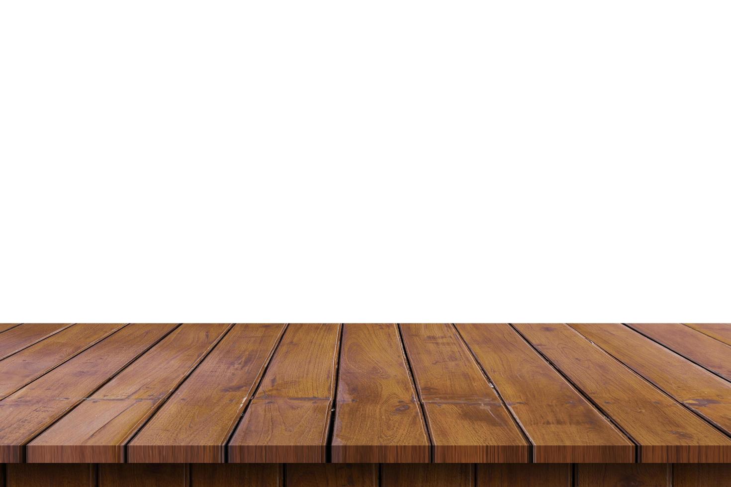 Empty wooden table top on isolated white, Template mock up for display of product. photo