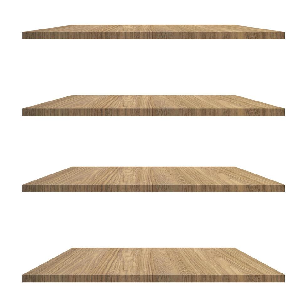 4 Wood shelves table isolated on white background and display montage for product. photo