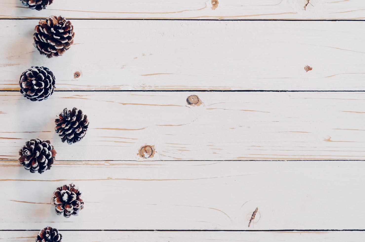 Pine cones on rusticwood white background with copy space, photo