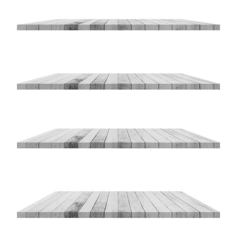4 Wood shelves table isolated on white background and display montage for product. photo