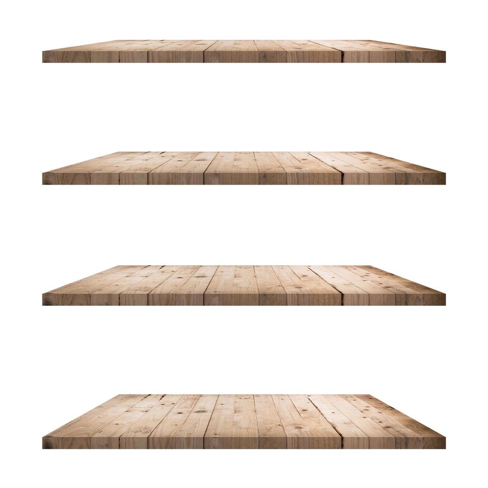 4 Wood shelves table isolated on white background and display montage for product. photo