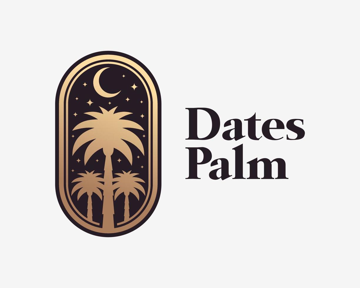 Date Palm Tree Night Sky Crescent Moon Star Light Vintage Stamp Label Badge Gold Vector Logo Design