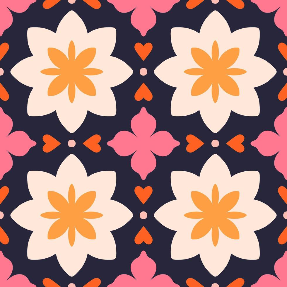 Seamless pattern with abstract flowers and hearts. Vector texture in retro style. Floral tile background