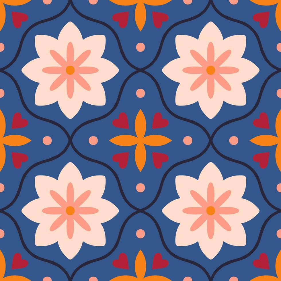 Decorative pattern with symmetrical shapes and abstract flowers. Floral tiled texture in retro style. Repetitive seamless mosaic background vector