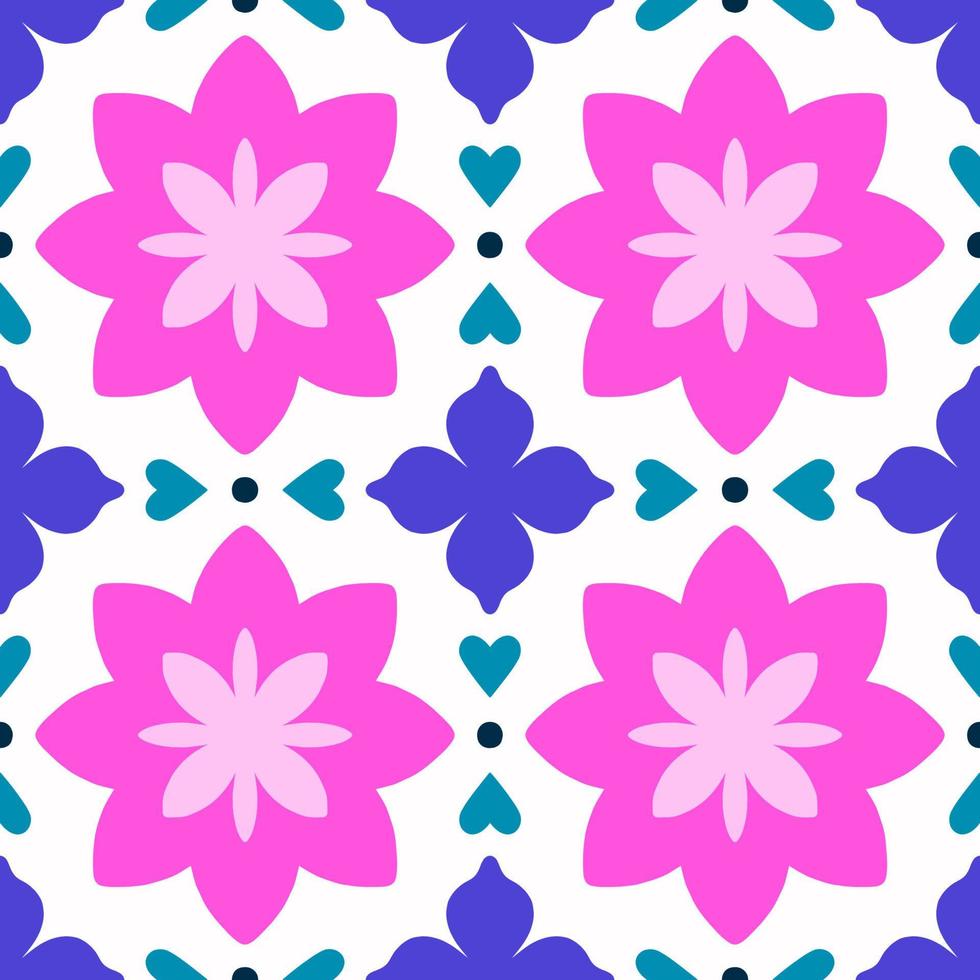 Seamless pattern with abstract flowers and hearts. Vector texture in retro style. Floral tile background