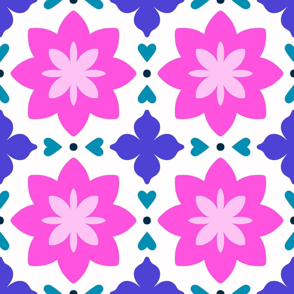 Seamless pattern with abstract flowers and hearts. Vector texture in retro style. Floral tile background