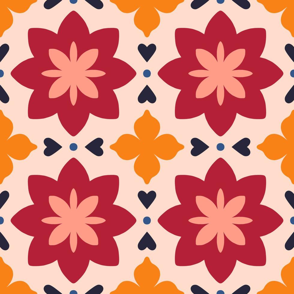 Seamless pattern with abstract flowers and hearts. Vector texture in retro style. Floral tile background