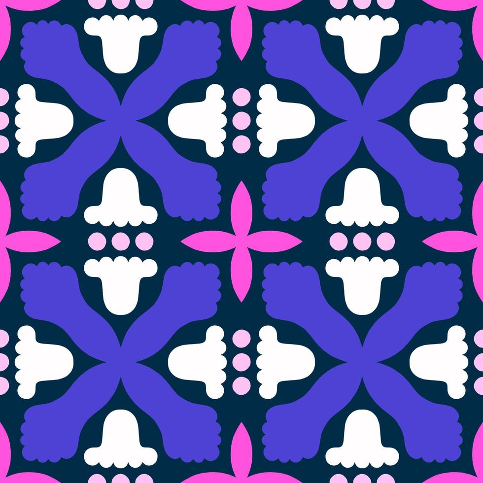 Decorative vector pattern with abstract flowers and shapes. Beautiful seamless texture in retro style. Symmetrical tile background