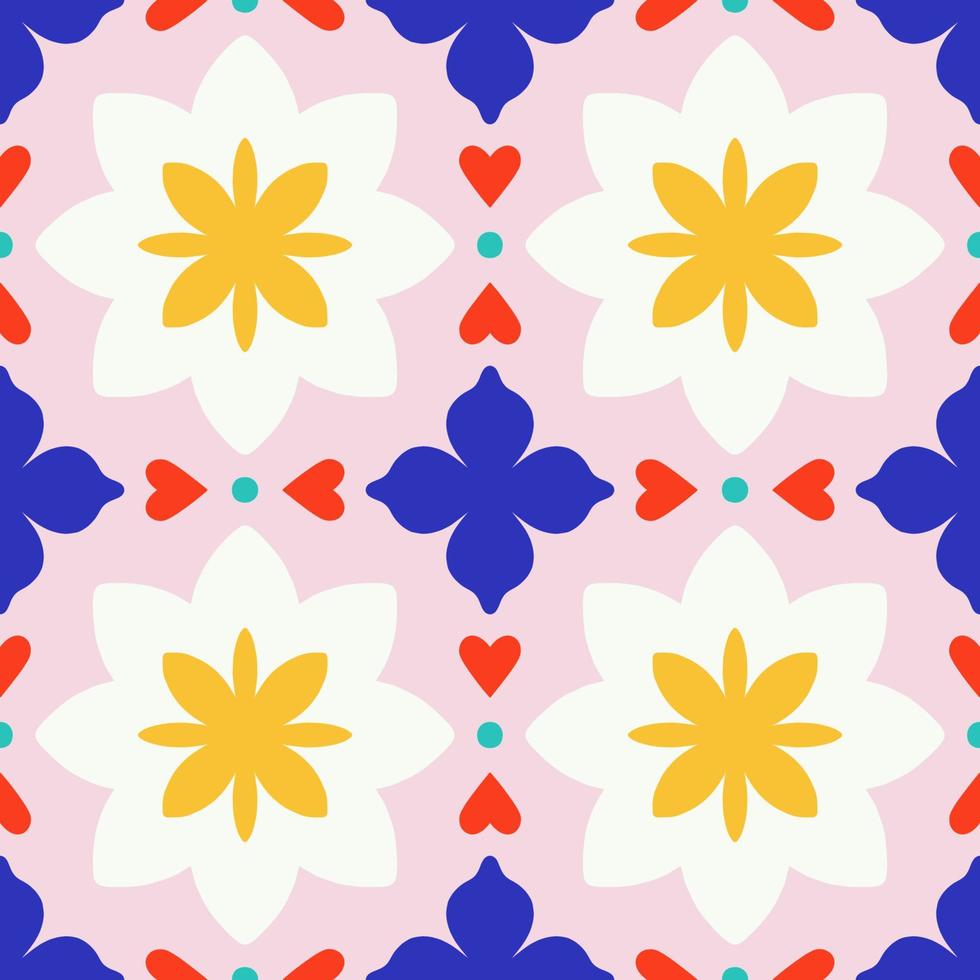 Seamless pattern with abstract flowers and hearts. Vector texture in retro style. Floral tile background