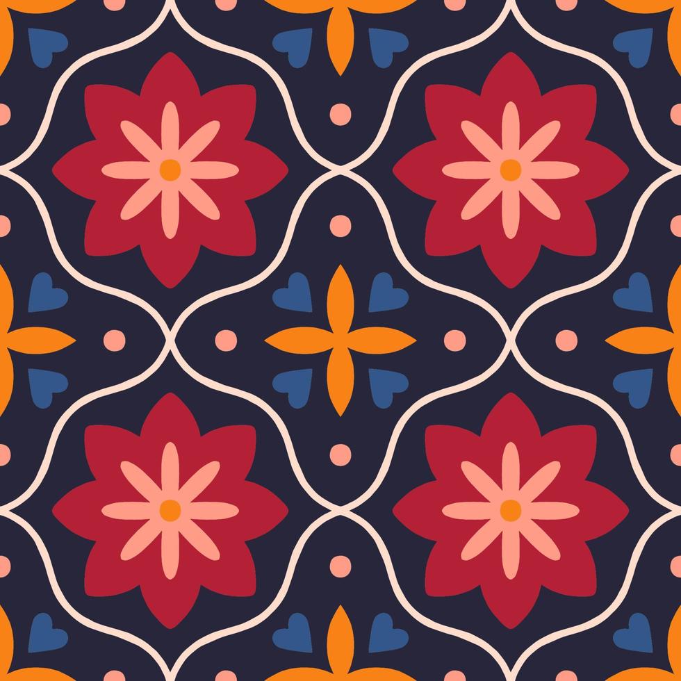 Decorative pattern with symmetrical shapes and abstract flowers. Floral tiled texture in retro style. Repetitive seamless mosaic background vector