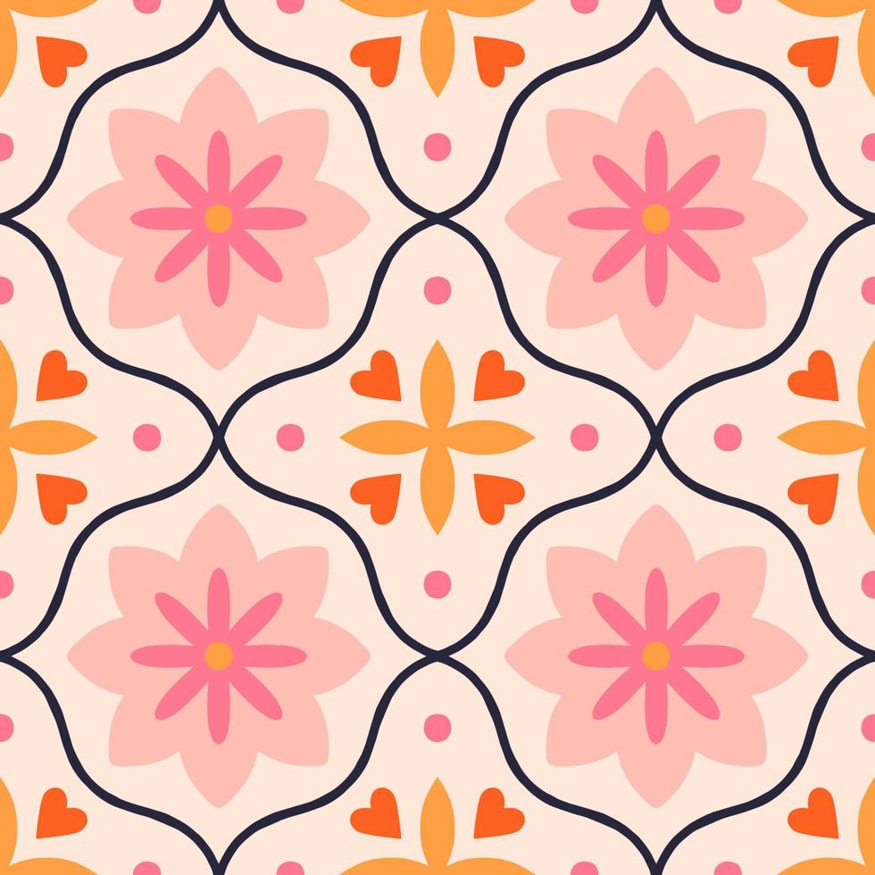 Decorative pattern with symmetrical shapes and abstract flowers. Floral tiled texture in retro style. Repetitive seamless mosaic background vector