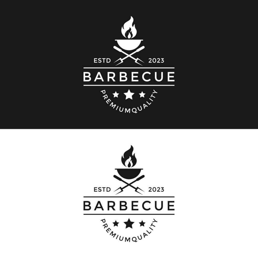 vector design emblem grill barbecue bbq with crossed forks and flame logo design template perfect for restaurant vintage style