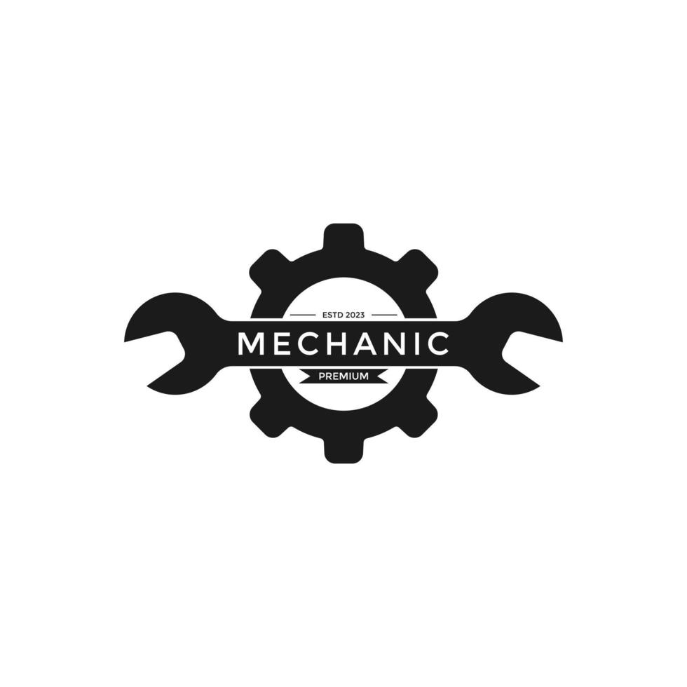 logotipo de engranaje de llave inglesa minimalista, vector de diseño de herramientas mecánicas de ingeniería, ilustración vintage del concepto de garaje automotriz