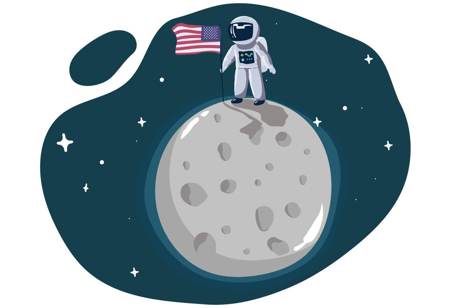 Cute little astronaut stand on the moon with USA flag.Space mission. Childish vector illustration.