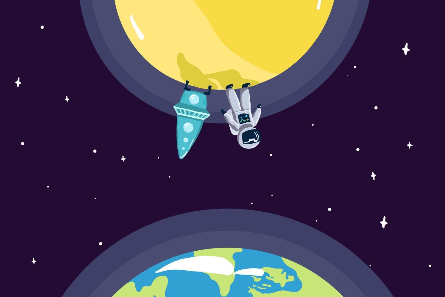 Astronauts characters set in flat cartoon style. Human spaceman and a cute extraterrestrial. Set of universe infographic vector illustration with rocket, satellite, space station, planets, stars, Sun,