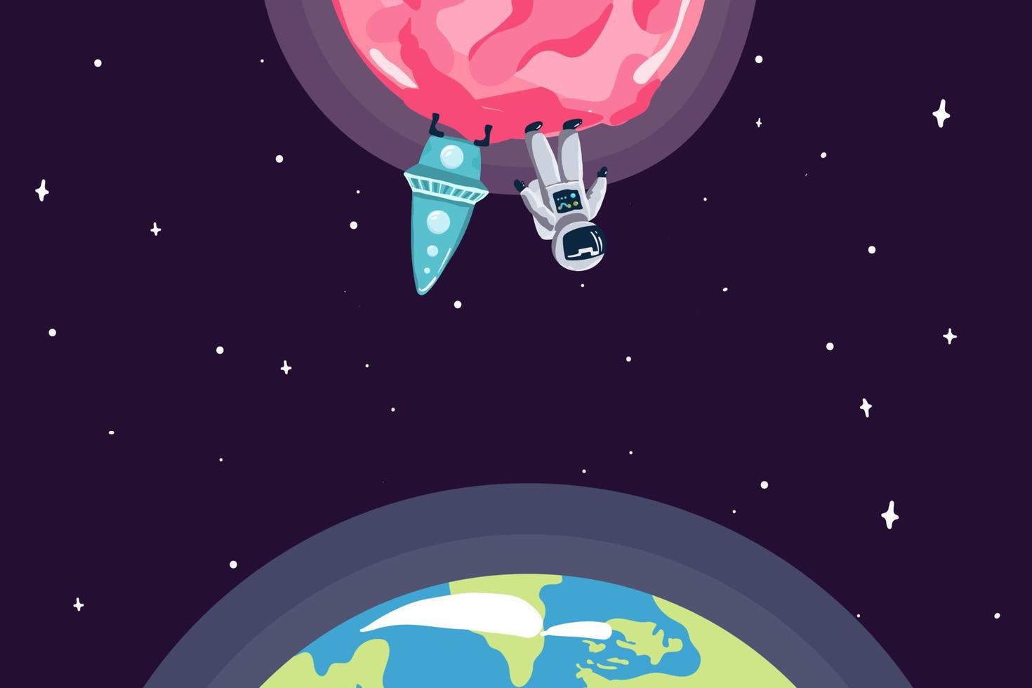 astronautas caracteres conjunto . plano dibujos animados estilo. humano astronauta y un linda extraterrestre. conjunto de universo infografía vector ilustración con cohete, satélite, espacio estación, planetas, estrellas, Marte,