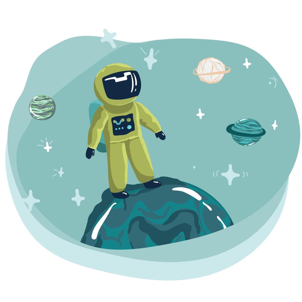 dibujos animados espacio antecedentes con astronauta. plantillas para volantes, pancartas, tarjetas, cubiertas, marcos, carteles vector para niños ilustración. el cohete toma apagado dentro el cielo. planetas y el universo