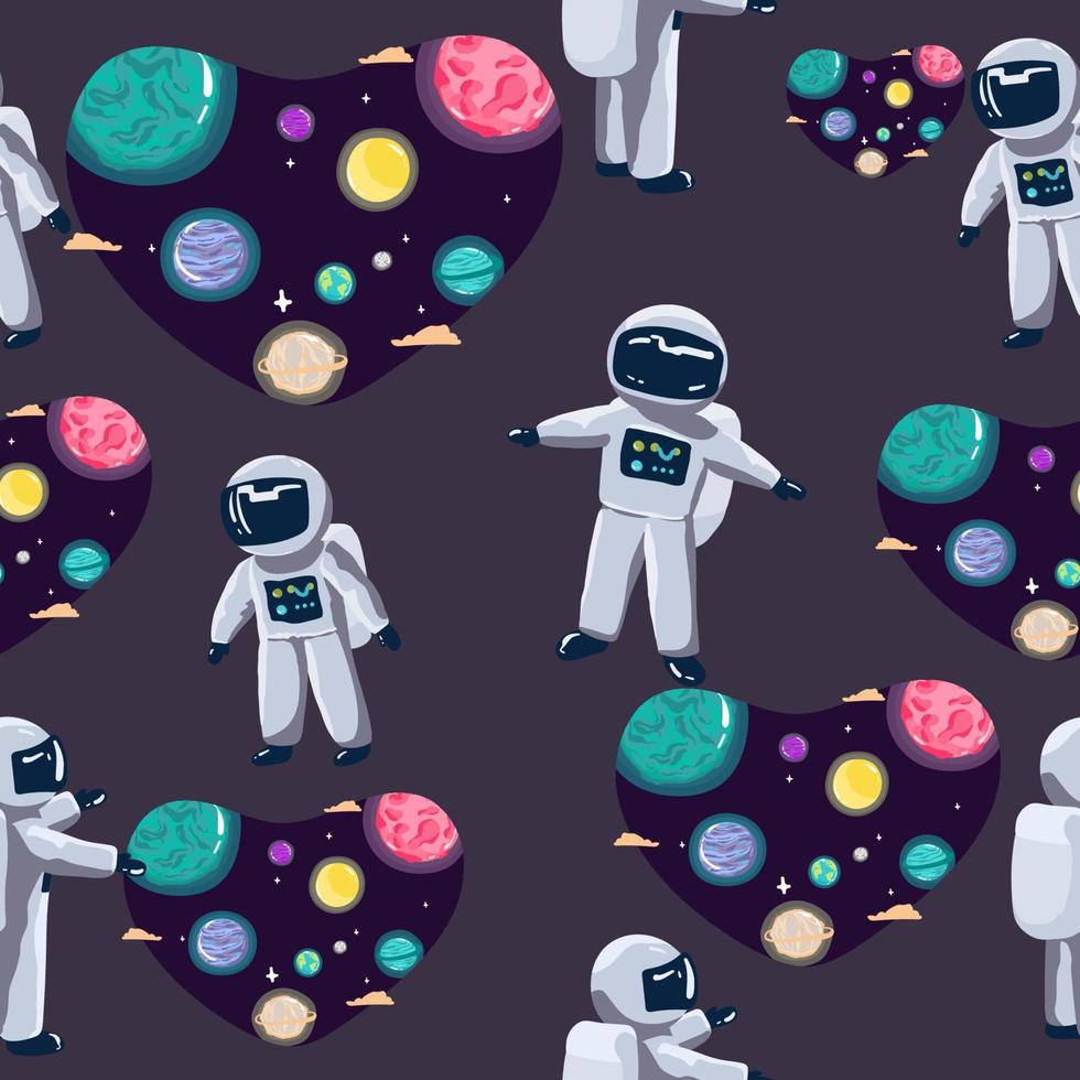 Seamless pattern Cute Cartoon astronaut on a blue background Space Seamless Pattern with Planets and Stars. Doodle Cartoon Cute Saturn Planet. Space Vector Background for Kids,