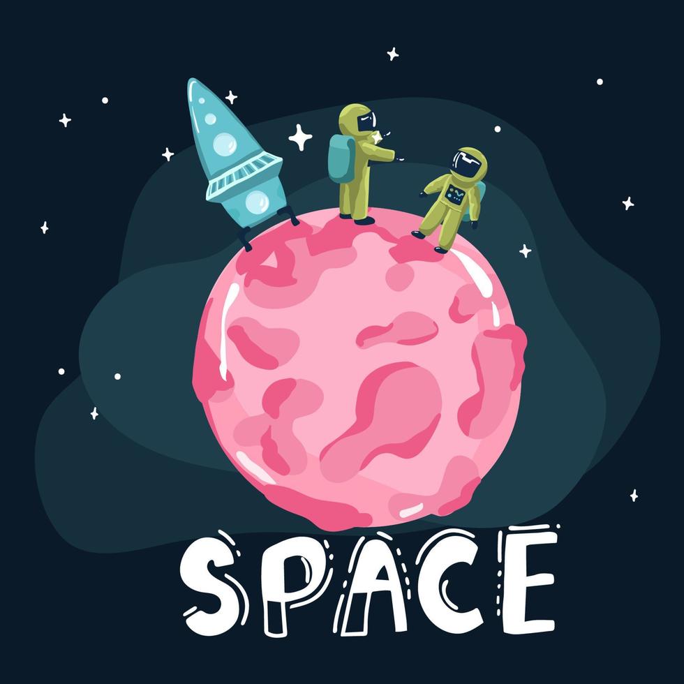 cartoon space backgrounds. Templates for flyers, banners, cards, covers, frames, posters. Vector children's illustration. The rocket takes off into the sky. Planets and the universe. Game style