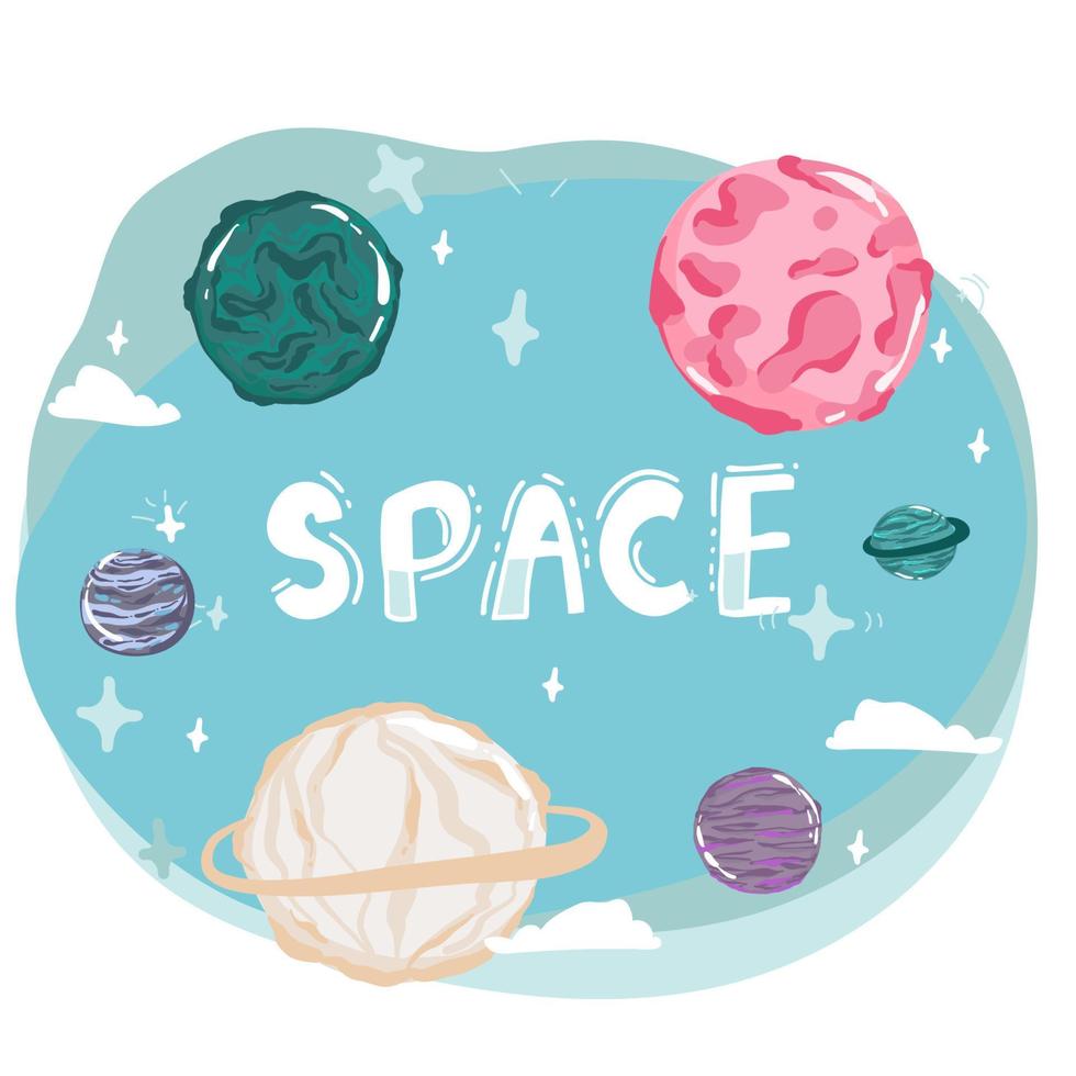 cartoon space backgrounds. Templates for flyers, banners, cards, covers, frames, posters. Vector children s illustration. The rocket takes off into the sky. Planets and the universe. Game style,