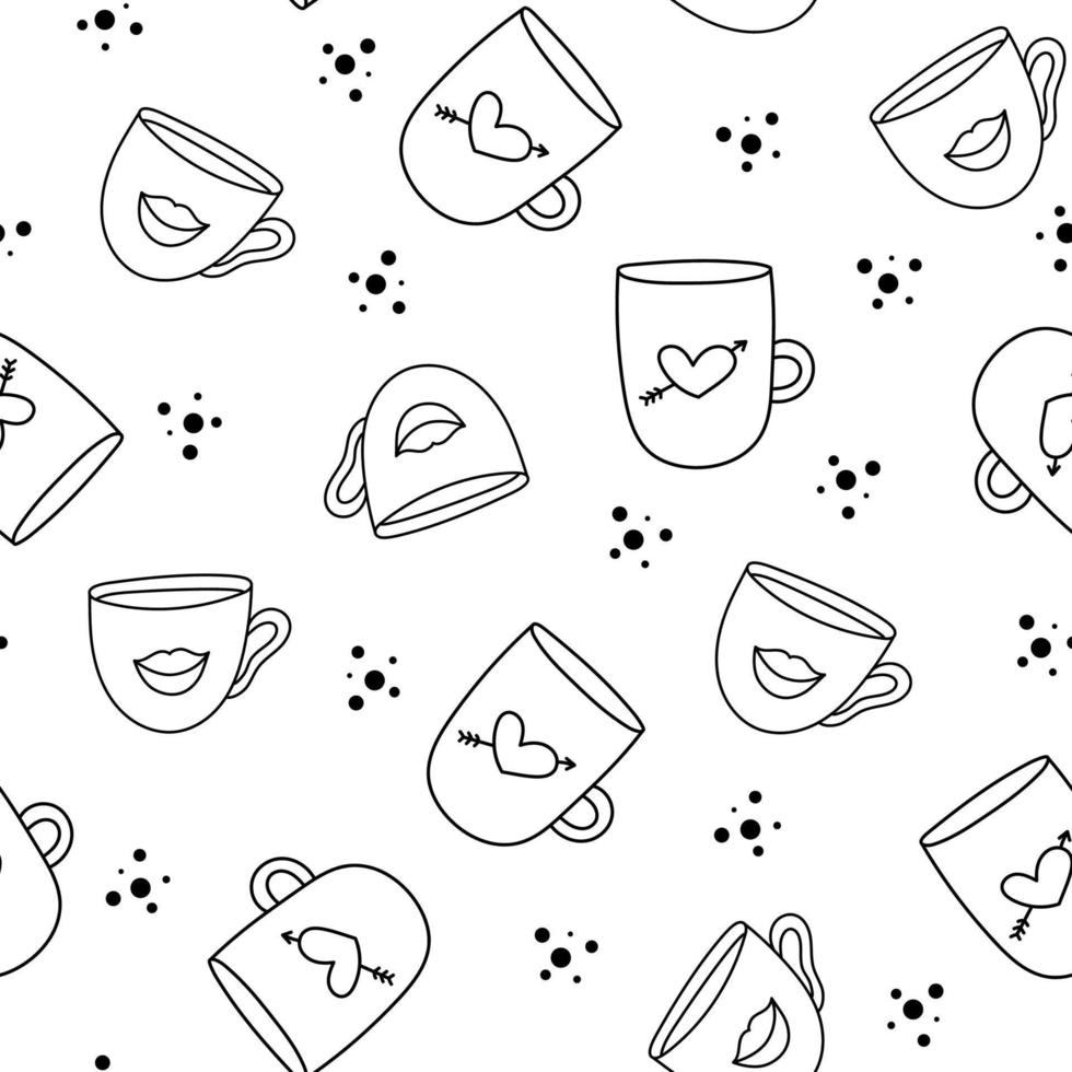 Vector seamless pattern with cups with line art outline