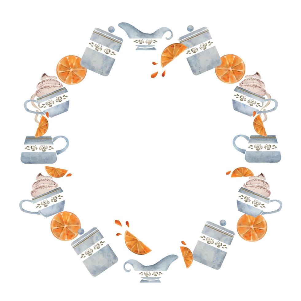 Watercolor hand drawn circle frame wreath with coffee cups, jars, creamer, orange slices, juice drops. Isolated on white background. For invitations, cafe, restaurant food menu, print, website, cards vector