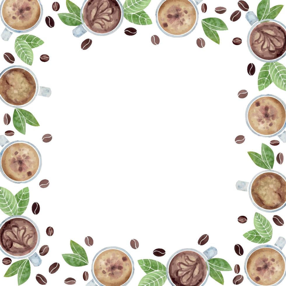 Watercolor hand drawn border frame with capuccino coffee cups, fresh and roasted beans, green leaves. Isolated on white background. For invitations, cafe, restaurant food menu, print, website, cards vector