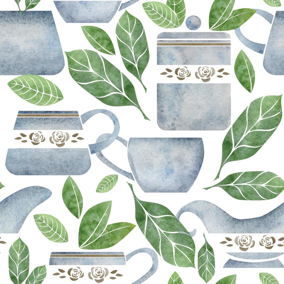 Watercolor hand drawn seamless pattern with porcelain and gold coffee cups, leaves, creamer, jar, daisy. Isolated on white background. Invitations, cafe, restaurant food menu, print, website, cards vector