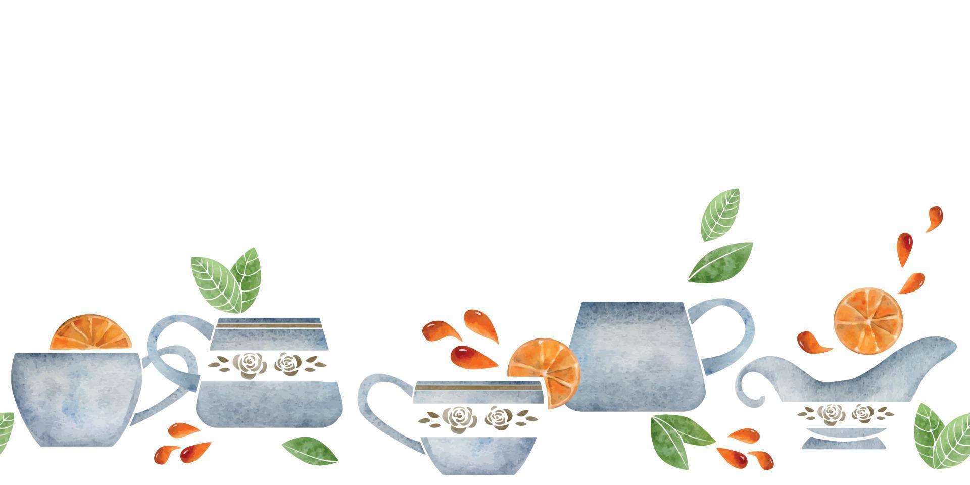 Watercolor hand drawn horizontal seamless banner with coffee cups, leaves, orange slices and drops. Isolated on white background. For invitations, cafe, restaurant food menu, print, website, cards vector