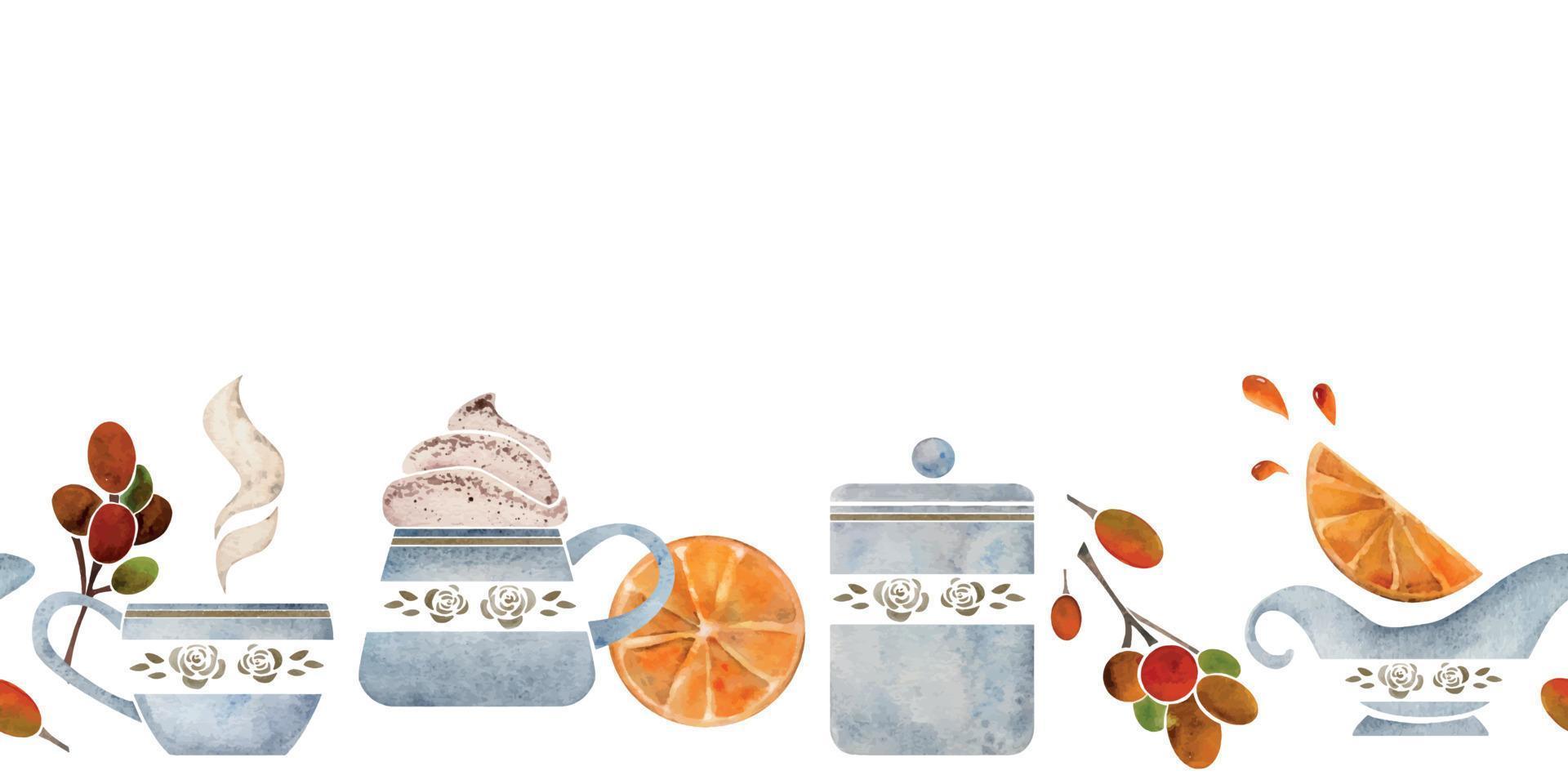 Watercolor hand drawn horizontal seamless banner with coffee cups, leaves, beans, cream, orange slices. Isolated on white background. For invitations, cafe, restaurant food menu, print, website, cards vector