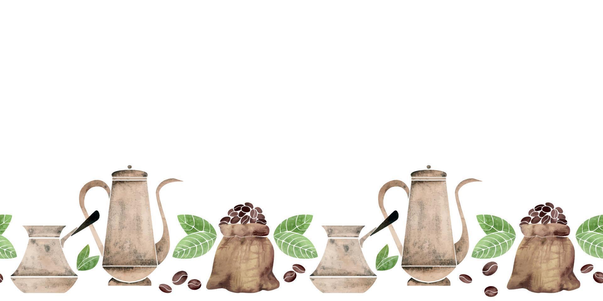 Watercolor hand drawn horizontal seamless banner with copper coffee pots, cezve, leaves, beans, bags. Isolated on white background. For invitations, cafe, restaurant food menu, print, website, cards vector