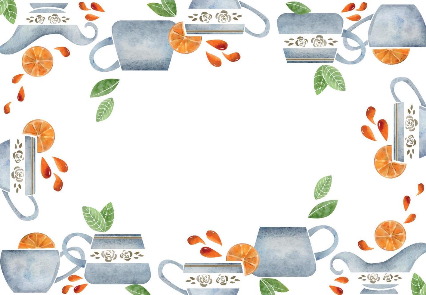Watercolor hand drawn border frame with porcelain gold coffee cups, creamer, leaves, orange slices. Isolated on white background. For invitations, cafe, restaurant food menu, print, website, cards vector