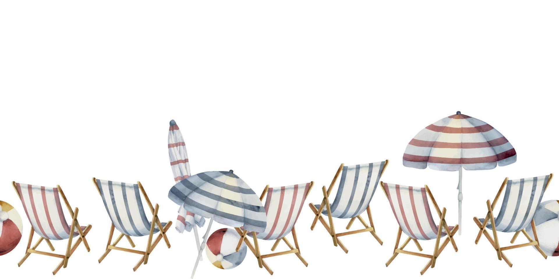 Hand drawn watercolor striped beach chair and umbrella. Seamless horizontal banner. Isolated on white background. Design for wall art, wedding, print, fabric, cover, card, tourism, travel booklet. vector