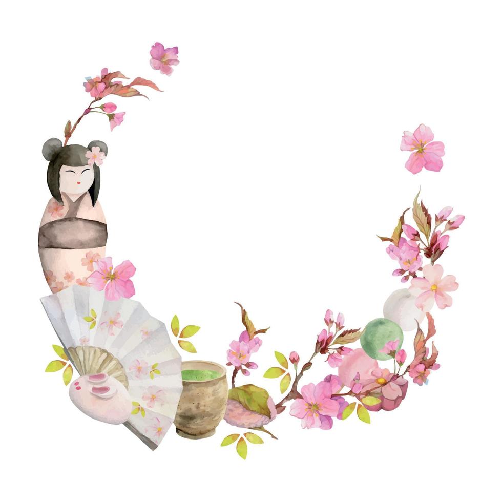 Watercolor hand drawn traditional Japanese sweets. Wreath of spring wagashi with sakura, objects. Isolated on white background. Design for invitations, restaurant menu, greeting cards, print, textile vector