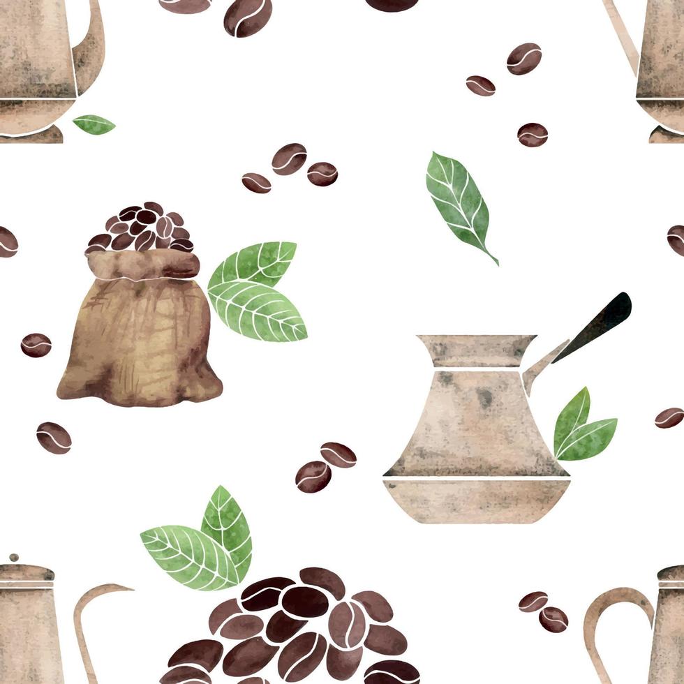 Watercolor hand drawn seamless pattern with coffee copper pot, turkish cezve, beans, leaves, jute bags. Isolated on white background. For invitations, cafe, restaurant food menu, print, website, cards vector
