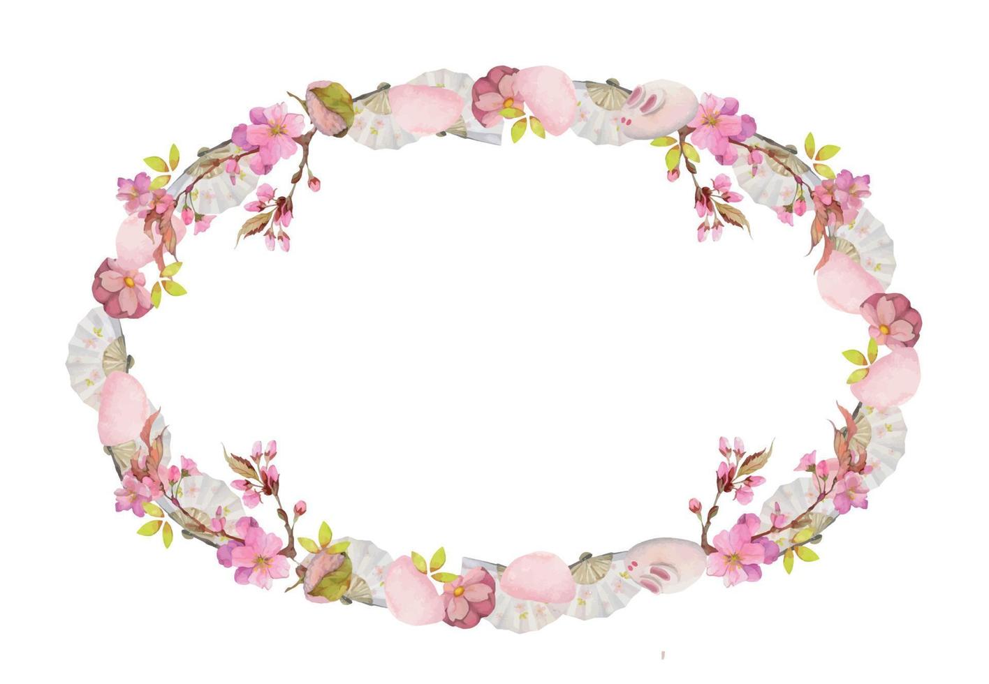 Watercolor hand drawn traditional Japanese sweets. Circle wreath of spring wagashi, sakura blossom Isolated on white background. Design for invitations, restaurant menu, greeting cards, print, textile vector