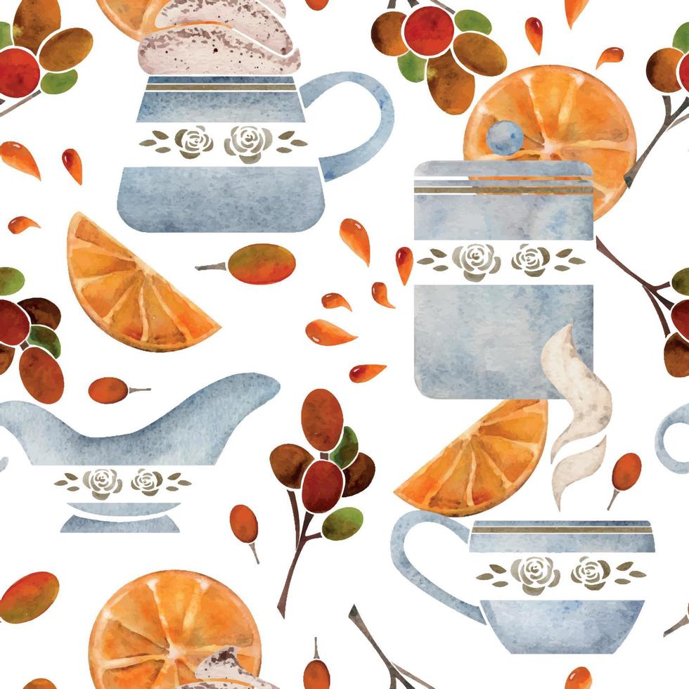Watercolor hand drawn seamless pattern with coffee cups, beans, sugar cubes, orange slices, juice drops. Isolated on white background For invitations, cafe, restaurant food menu, print, website, cards vector