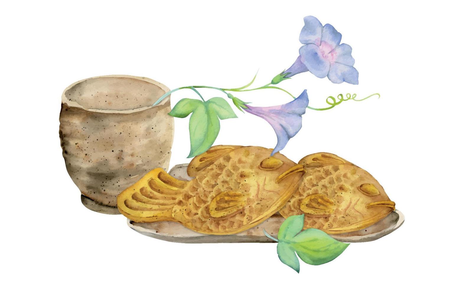 Watercolor hand drawn traditional Japanese sweets. Ceramic dish, taiyaki, summer flowers and windchime. Isolated on white background. For invitations, restaurant menu, greeting cards, print, textile vector