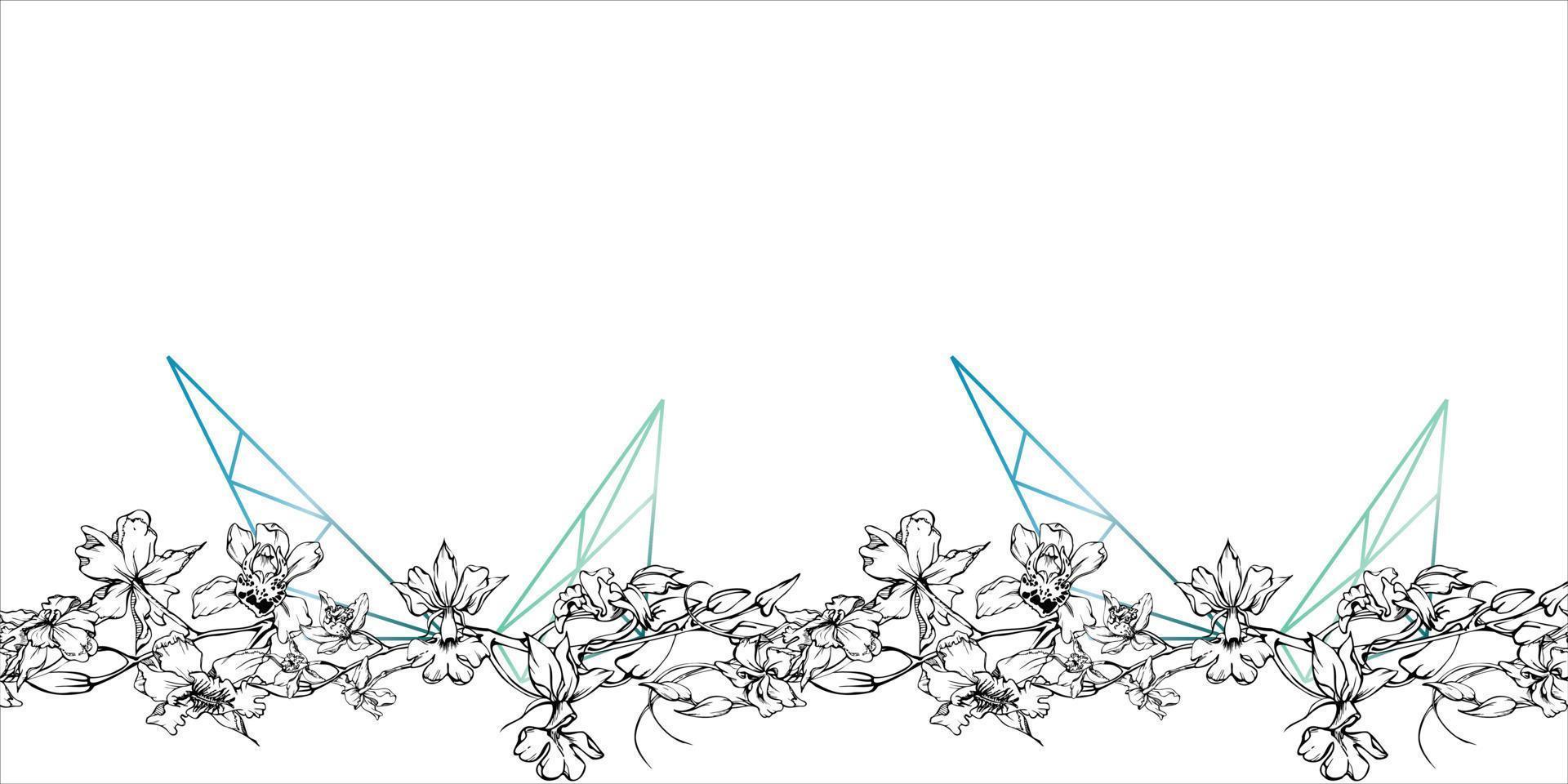 Hand drawn vector ink orchid flowers and branches, monochrome, detailed outline. Horizontal seamless banner. Isolated on white background. Design for wall art, wedding, print, tattoo, cover, card.