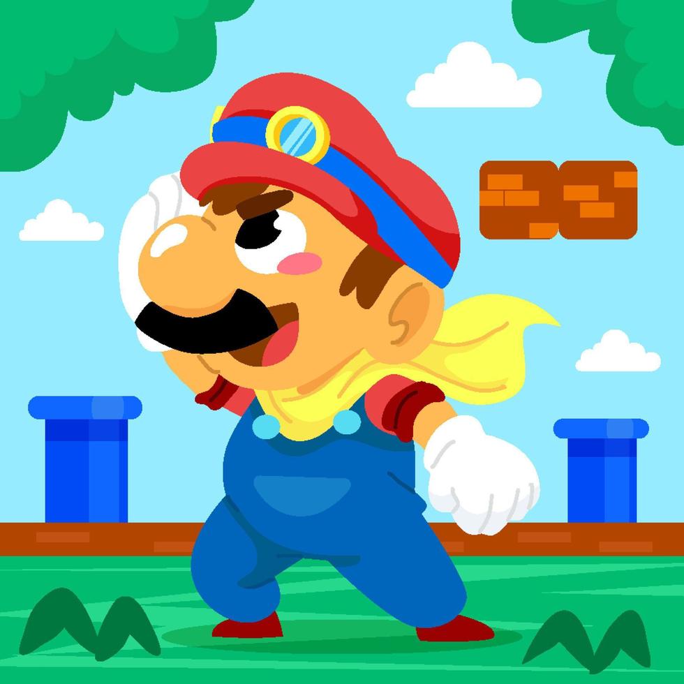 Cute Plumber Cartoon Character with Pipe and Bricks vector