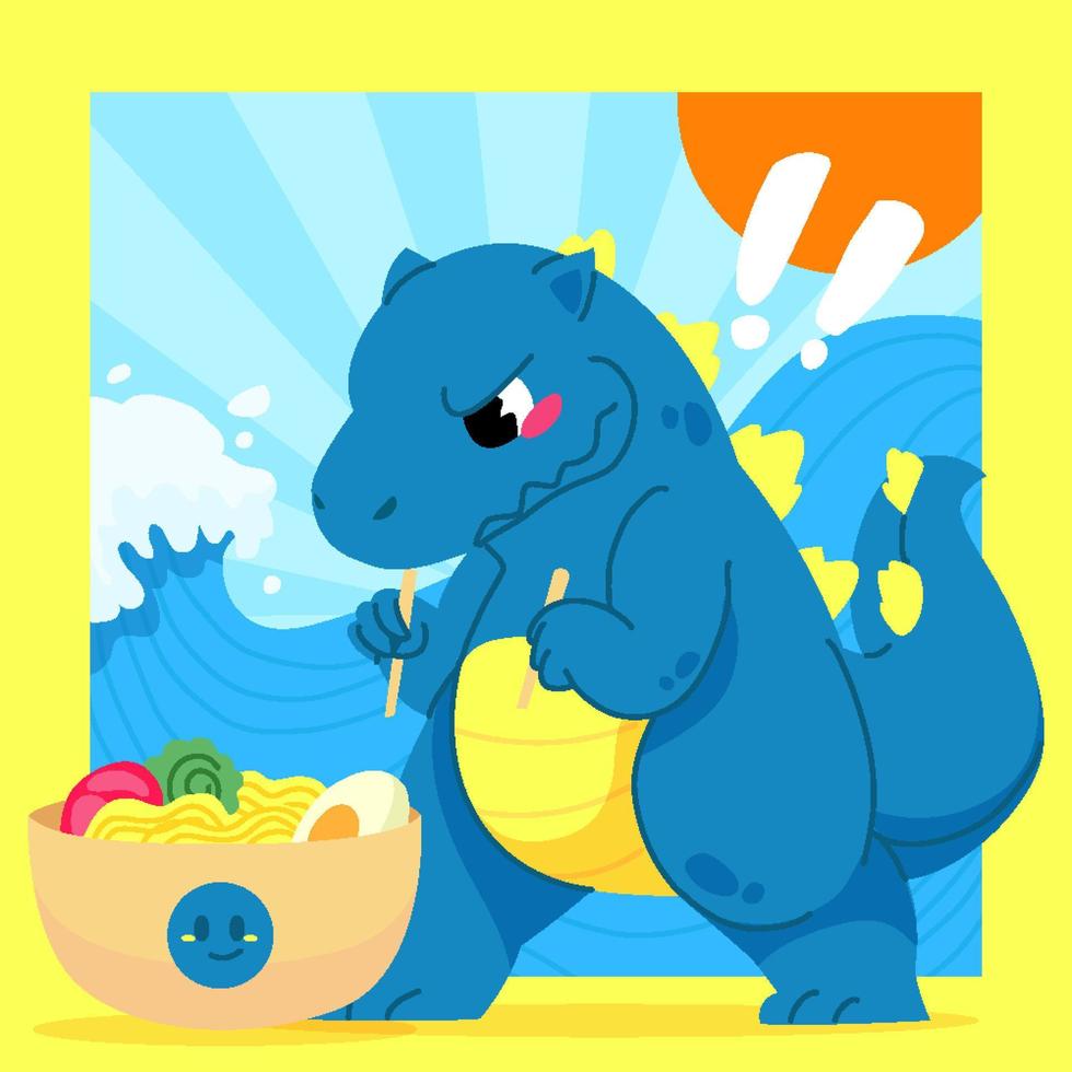 Cute Dinosaurus Eating with Chopstick vector